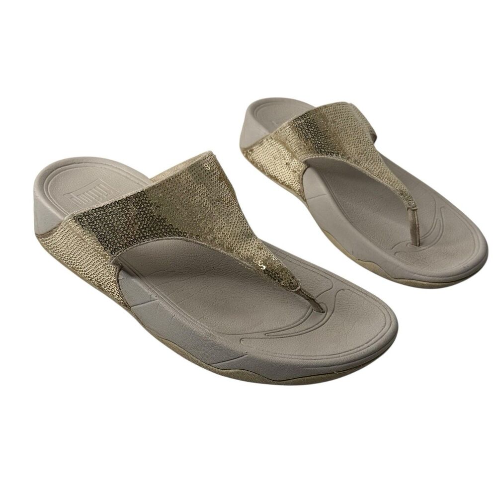 FitFlop LULU Sandal Women 8 Gold Sequin Sparkle Toe-Post Wedge Thong Comfort